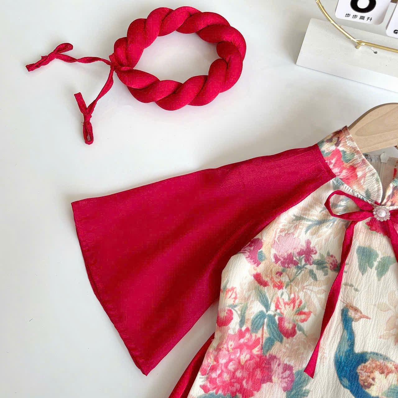 Red Peacock Blossom Áo Dài & Soft Khăn Mấn Set (NB–5Y) | Premium Silk Vietnamese Traditional Outfit | Tết & Festival Wear