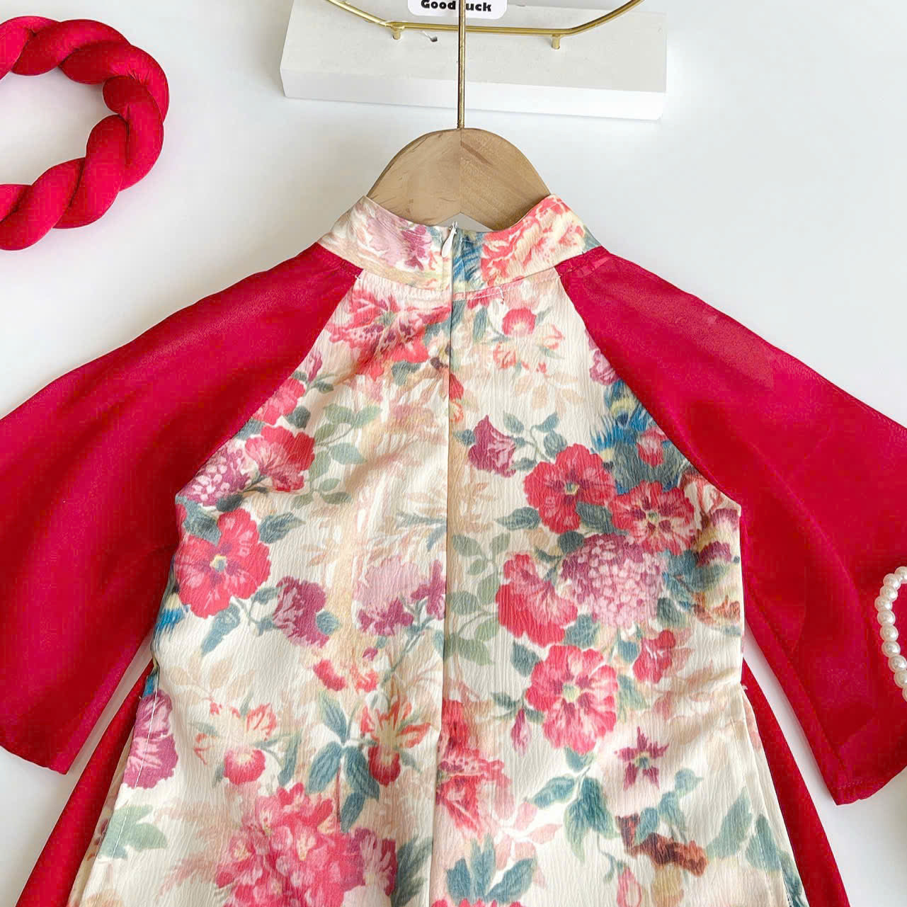 Red Peacock Blossom Áo Dài & Soft Khăn Mấn Set (NB–5Y) | Premium Silk Vietnamese Traditional Outfit | Tết & Festival Wear