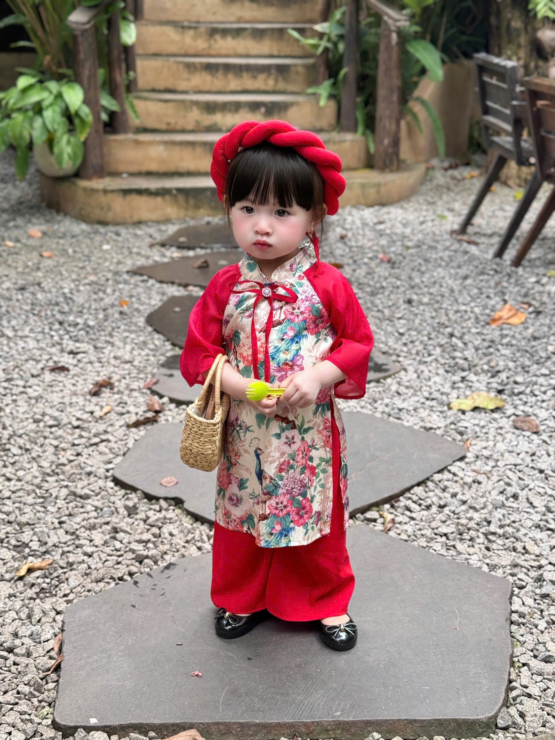 Red Peacock Blossom Áo Dài & Soft Khăn Mấn Set (NB–5Y) | Premium Silk Vietnamese Traditional Outfit | Tết & Festival Wear