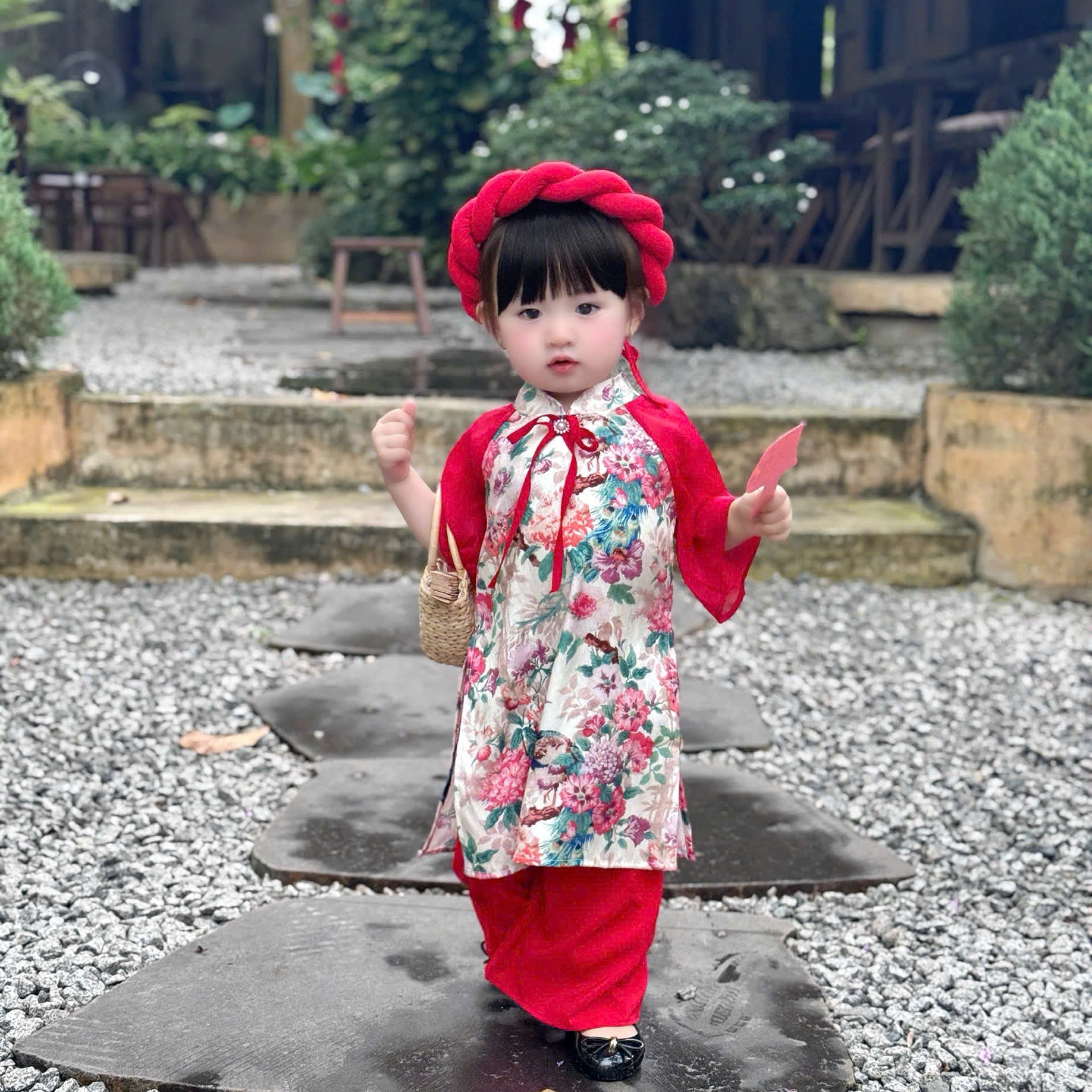 Red Peacock Blossom Áo Dài & Soft Khăn Mấn Set (NB–5Y) | Premium Silk Vietnamese Traditional Outfit | Tết & Festival Wear
