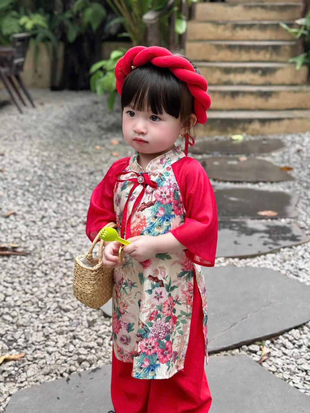 Red Peacock Blossom Áo Dài & Soft Khăn Mấn Set (NB–5Y) | Premium Silk Vietnamese Traditional Outfit | Tết & Festival Wear