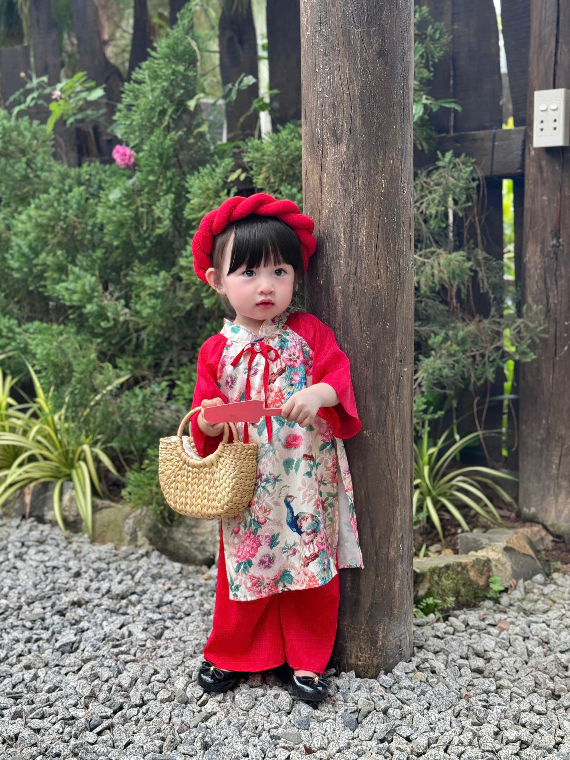 Red Peacock Blossom Áo Dài & Soft Khăn Mấn Set (NB–5Y) | Premium Silk Vietnamese Traditional Outfit | Tết & Festival Wear