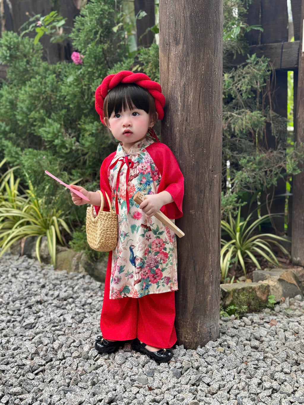 Red Peacock Blossom Áo Dài & Soft Khăn Mấn Set (NB–5Y) | Premium Silk Vietnamese Traditional Outfit | Tết & Festival Wear
