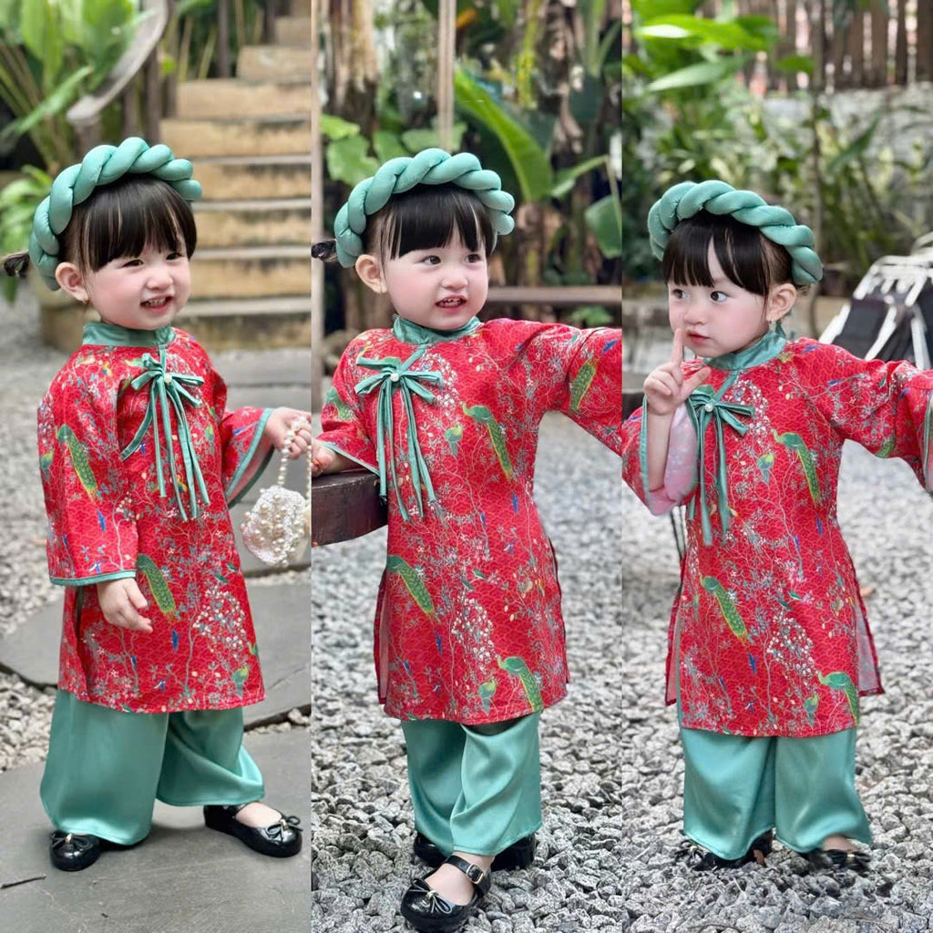 Green Peacock Floral Áo Dài & Soft Khăn Mấn Set (NB–7Y) | Textured Silk Vietnamese Traditional Outfit | Tết, Moon Festival & Ceremony Wear