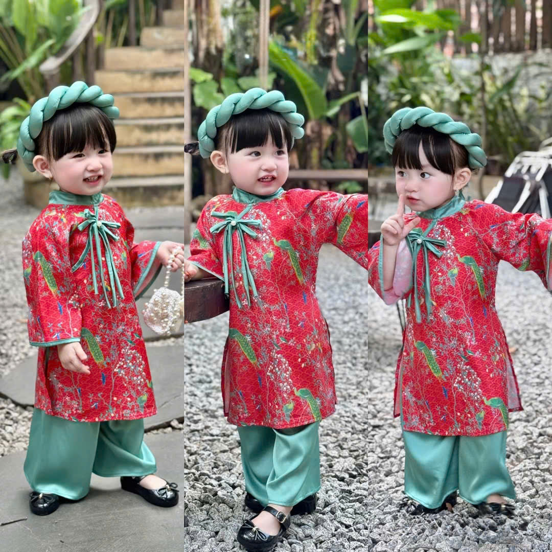 Green Peacock Floral Áo Dài & Soft Khăn Mấn Set (NB–7Y) | Textured Silk Vietnamese Traditional Outfit | Tết, Moon Festival & Ceremony Wear