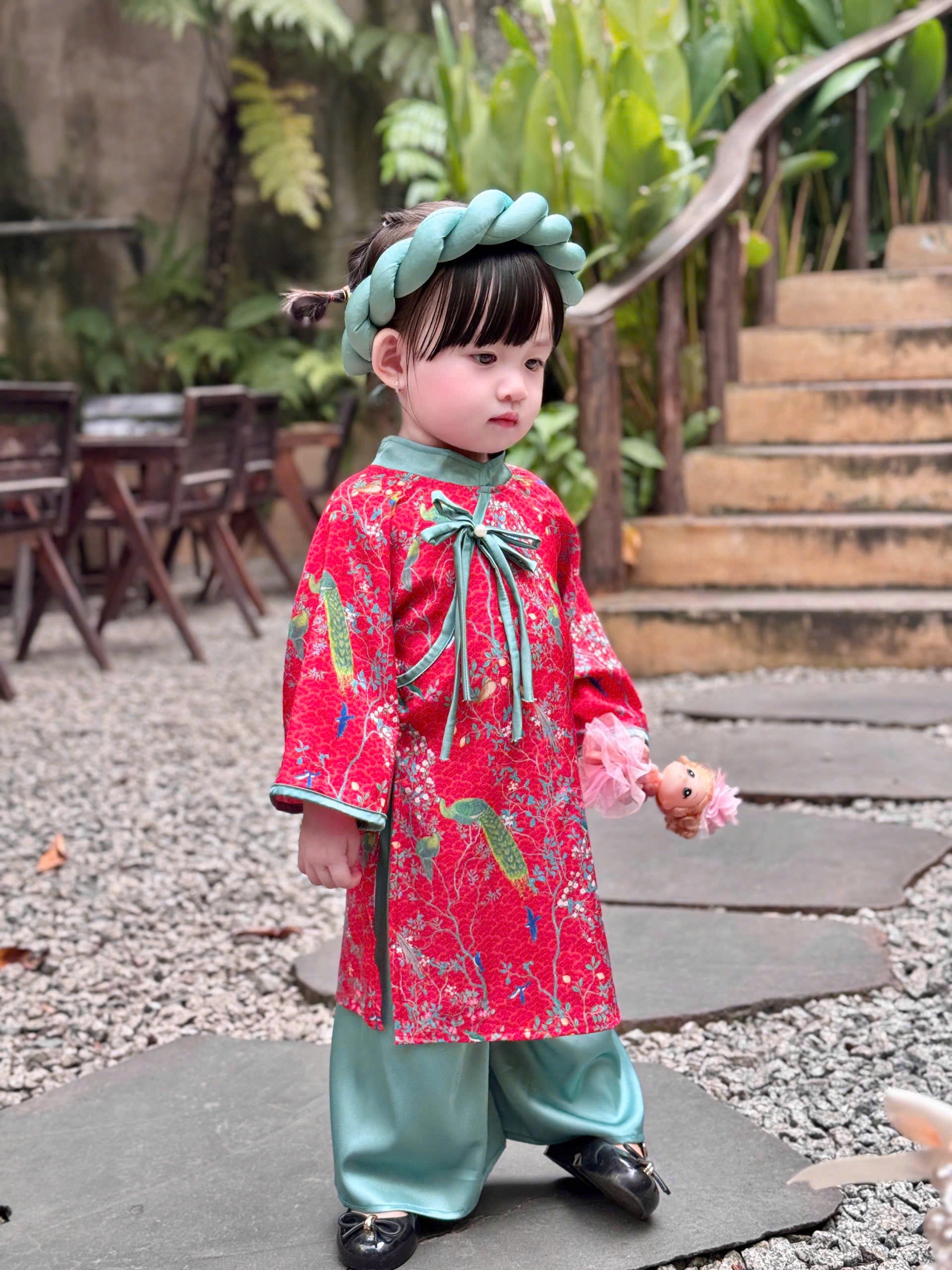 Green Peacock Floral Áo Dài & Soft Khăn Mấn Set (NB–7Y) | Textured Silk Vietnamese Traditional Outfit | Tết, Moon Festival & Ceremony Wear