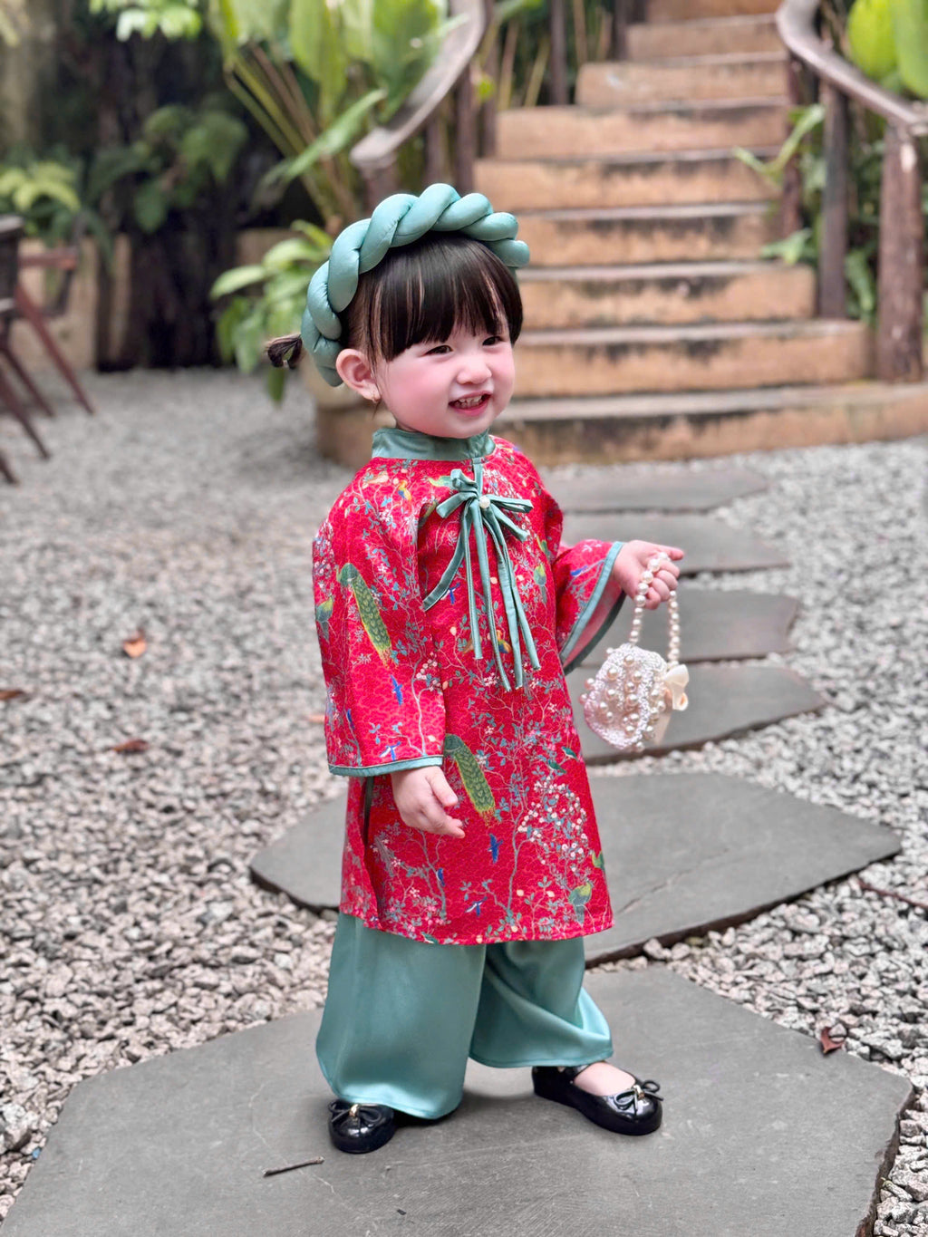 Green Peacock Floral Áo Dài & Soft Khăn Mấn Set (NB–7Y) | Textured Silk Vietnamese Traditional Outfit | Tết, Moon Festival & Ceremony Wear