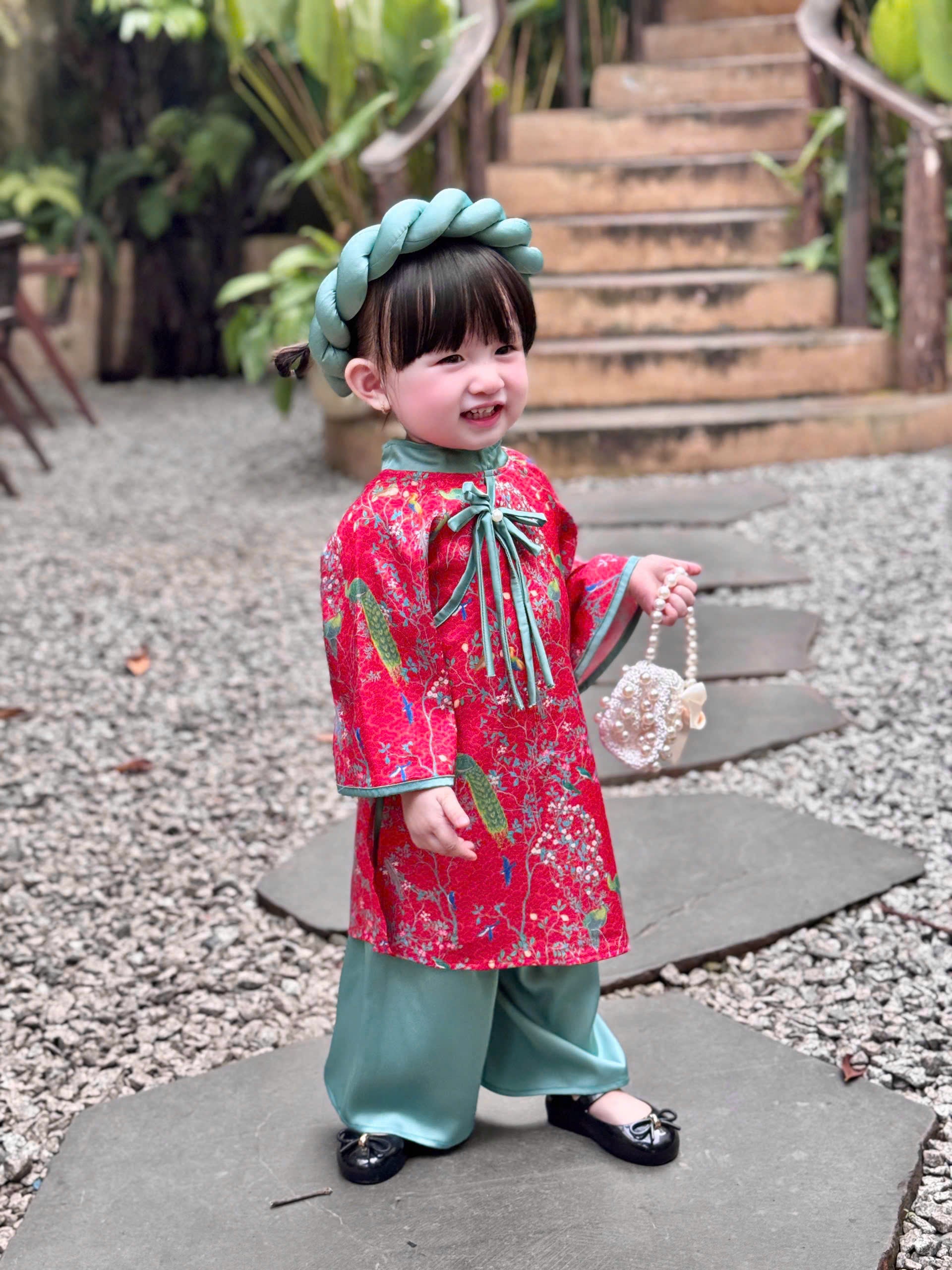 Green Peacock Floral Áo Dài & Soft Khăn Mấn Set (NB–7Y) | Textured Silk Vietnamese Traditional Outfit | Tết, Moon Festival & Ceremony Wear