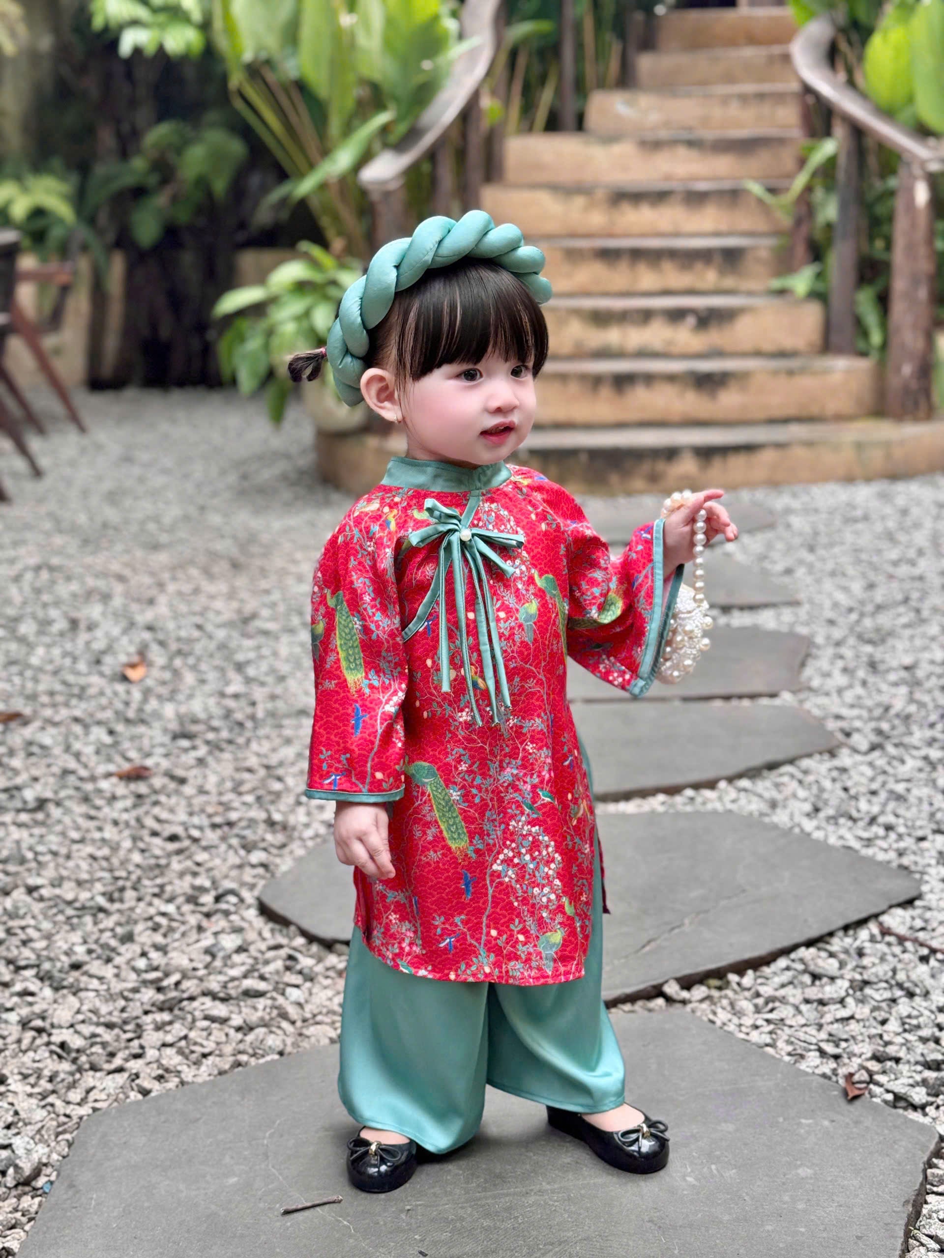 Green Peacock Floral Áo Dài & Soft Khăn Mấn Set (NB–7Y) | Textured Silk Vietnamese Traditional Outfit | Tết, Moon Festival & Ceremony Wear