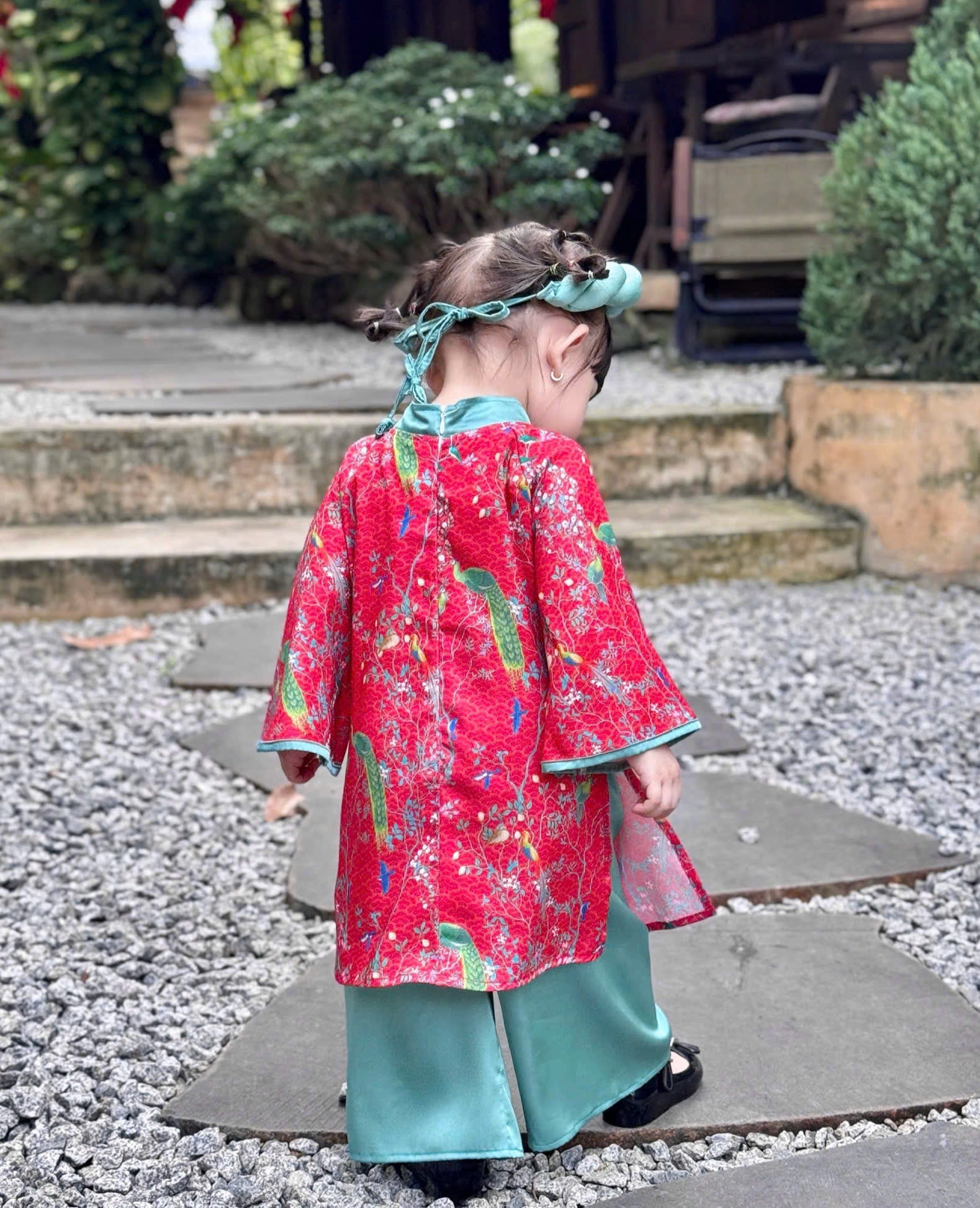 Green Peacock Floral Áo Dài & Soft Khăn Mấn Set (NB–7Y) | Textured Silk Vietnamese Traditional Outfit | Tết, Moon Festival & Ceremony Wear
