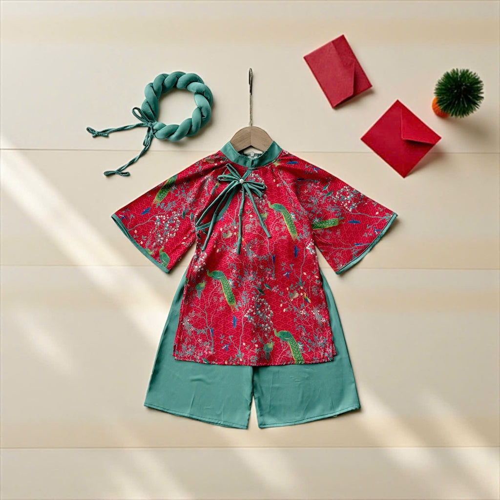 Green Peacock Floral Áo Dài & Soft Khăn Mấn Set (NB–7Y) | Textured Silk Vietnamese Traditional Outfit | Tết, Moon Festival & Ceremony Wear