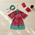 Green Peacock Floral Áo Dài & Soft Khăn Mấn Set (NB–7Y) | Textured Silk Vietnamese Traditional Outfit | Tết, Moon Festival & Ceremony Wear