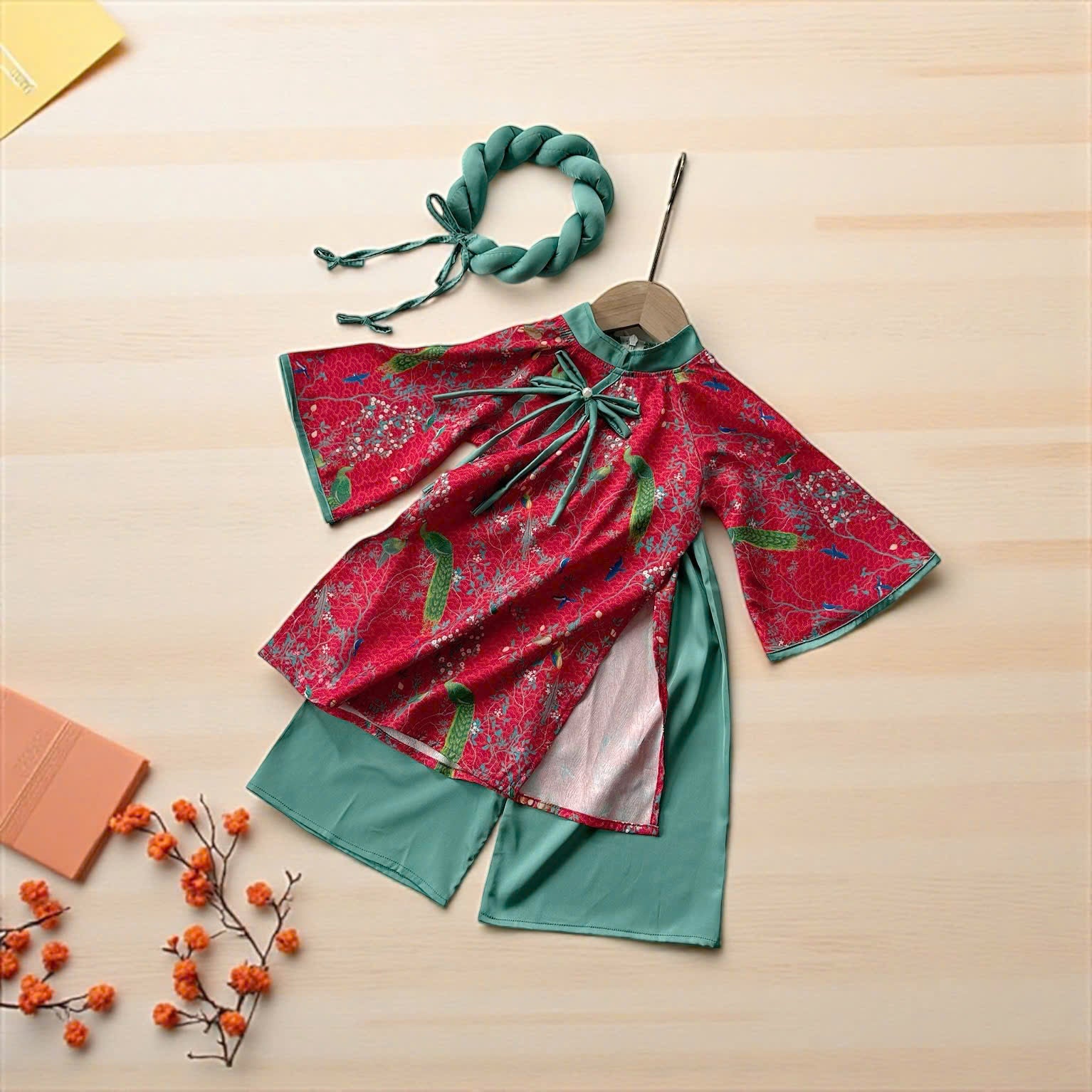Green Peacock Floral Áo Dài & Soft Khăn Mấn Set (NB–7Y) | Textured Silk Vietnamese Traditional Outfit | Tết, Moon Festival & Ceremony Wear