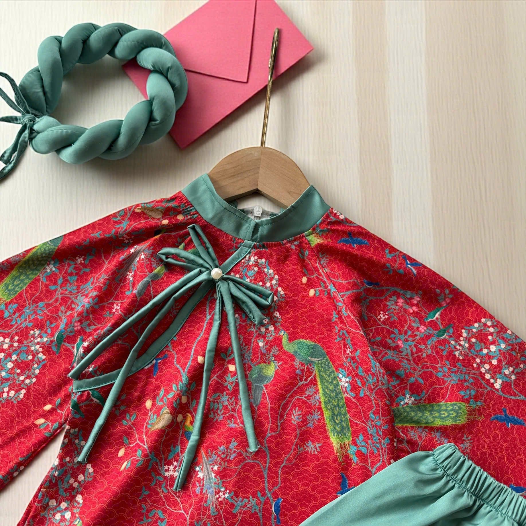 Green Peacock Floral Áo Dài & Soft Khăn Mấn Set (NB–7Y) | Textured Silk Vietnamese Traditional Outfit | Tết, Moon Festival & Ceremony Wear