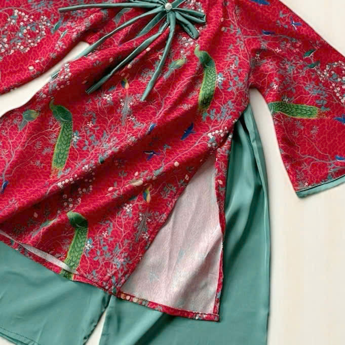 Green Peacock Floral Áo Dài & Soft Khăn Mấn Set (NB–7Y) | Textured Silk Vietnamese Traditional Outfit | Tết, Moon Festival & Ceremony Wear