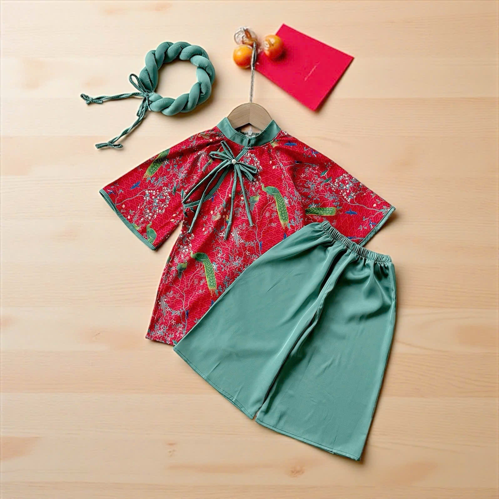Green Peacock Floral Áo Dài & Soft Khăn Mấn Set (NB–7Y) | Textured Silk Vietnamese Traditional Outfit | Tết, Moon Festival & Ceremony Wear