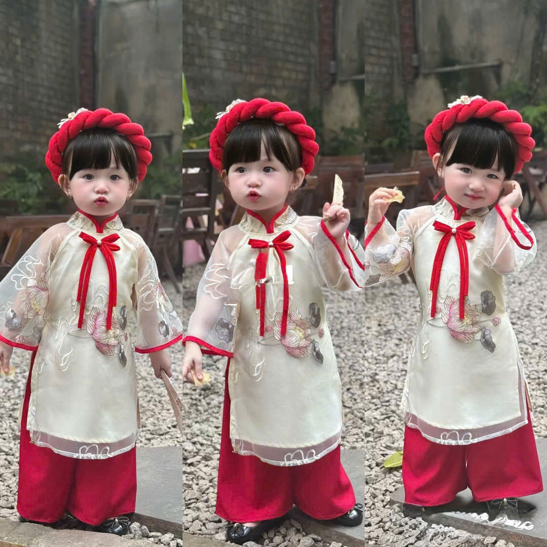 Koi Fish & Lotus Vietnamese Áo Dài with Soft Khăn Mấn (3M–5Y) | Embroidered Organza Traditional Outfit | Lunar New Year & Cultural Celebrations