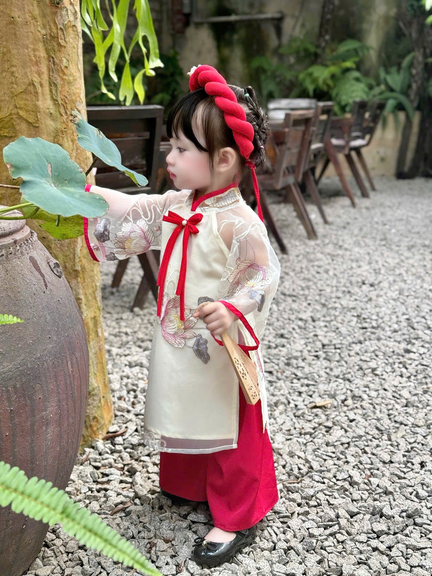 Koi Fish & Lotus Vietnamese Áo Dài with Soft Khăn Mấn (3M–5Y) | Embroidered Organza Traditional Outfit | Lunar New Year & Cultural Celebrations