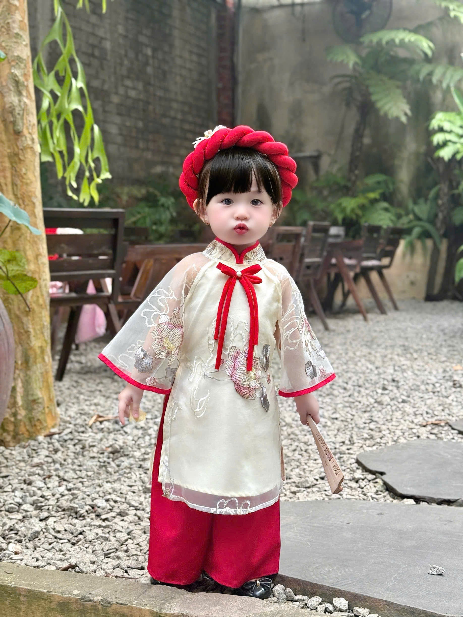 Koi Fish & Lotus Vietnamese Áo Dài with Soft Khăn Mấn (3M–5Y) | Embroidered Organza Traditional Outfit | Lunar New Year & Cultural Celebrations