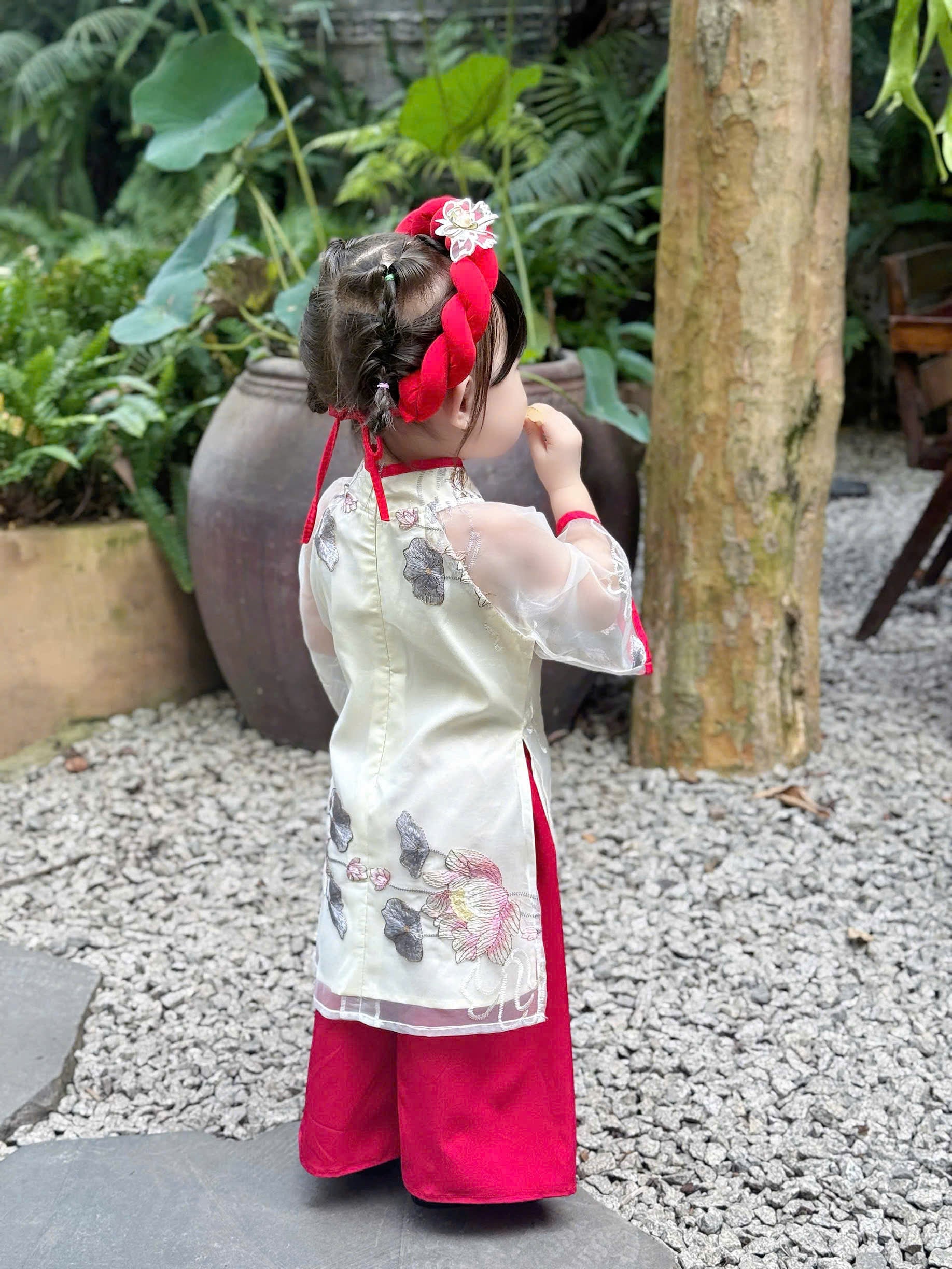 Koi Fish & Lotus Vietnamese Áo Dài with Soft Khăn Mấn (3M–5Y) | Embroidered Organza Traditional Outfit | Lunar New Year & Cultural Celebrations