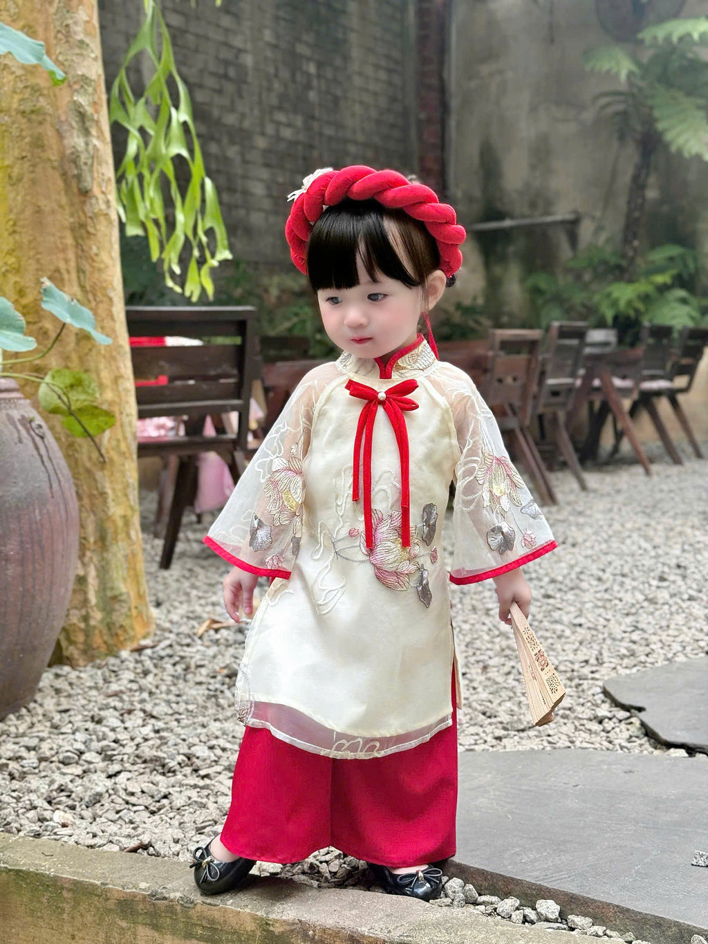 Koi Fish & Lotus Vietnamese Áo Dài with Soft Khăn Mấn (3M–5Y) | Embroidered Organza Traditional Outfit | Lunar New Year & Cultural Celebrations
