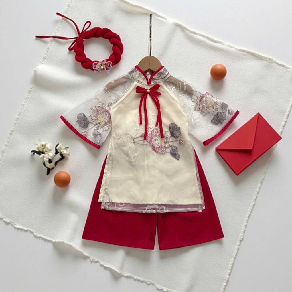 Koi Fish & Lotus Vietnamese Áo Dài with Soft Khăn Mấn (3M–5Y) | Embroidered Organza Traditional Outfit | Lunar New Year & Cultural Celebrations