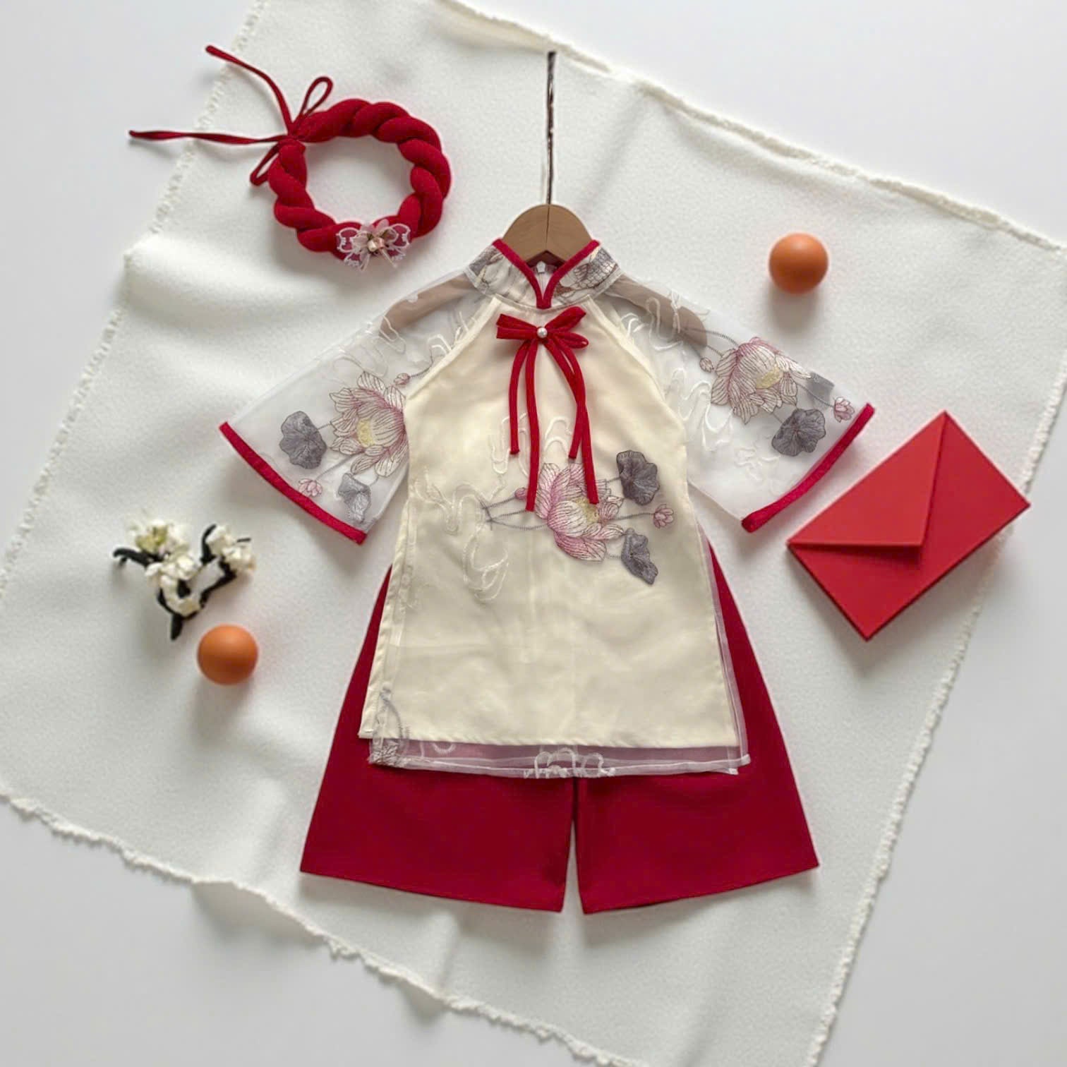 Koi Fish & Lotus Vietnamese Áo Dài with Soft Khăn Mấn (3M–5Y) | Embroidered Organza Traditional Outfit | Lunar New Year & Cultural Celebrations