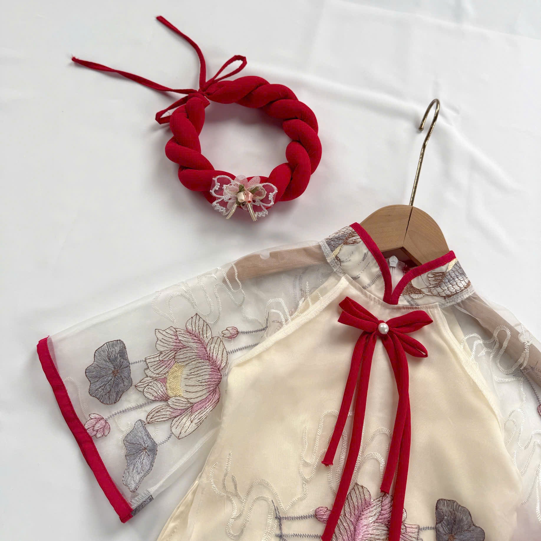 Koi Fish & Lotus Vietnamese Áo Dài with Soft Khăn Mấn (3M–5Y) | Embroidered Organza Traditional Outfit | Lunar New Year & Cultural Celebrations