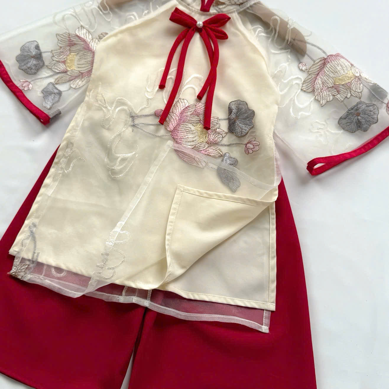 Koi Fish & Lotus Vietnamese Áo Dài with Soft Khăn Mấn (3M–5Y) | Embroidered Organza Traditional Outfit | Lunar New Year & Cultural Celebrations