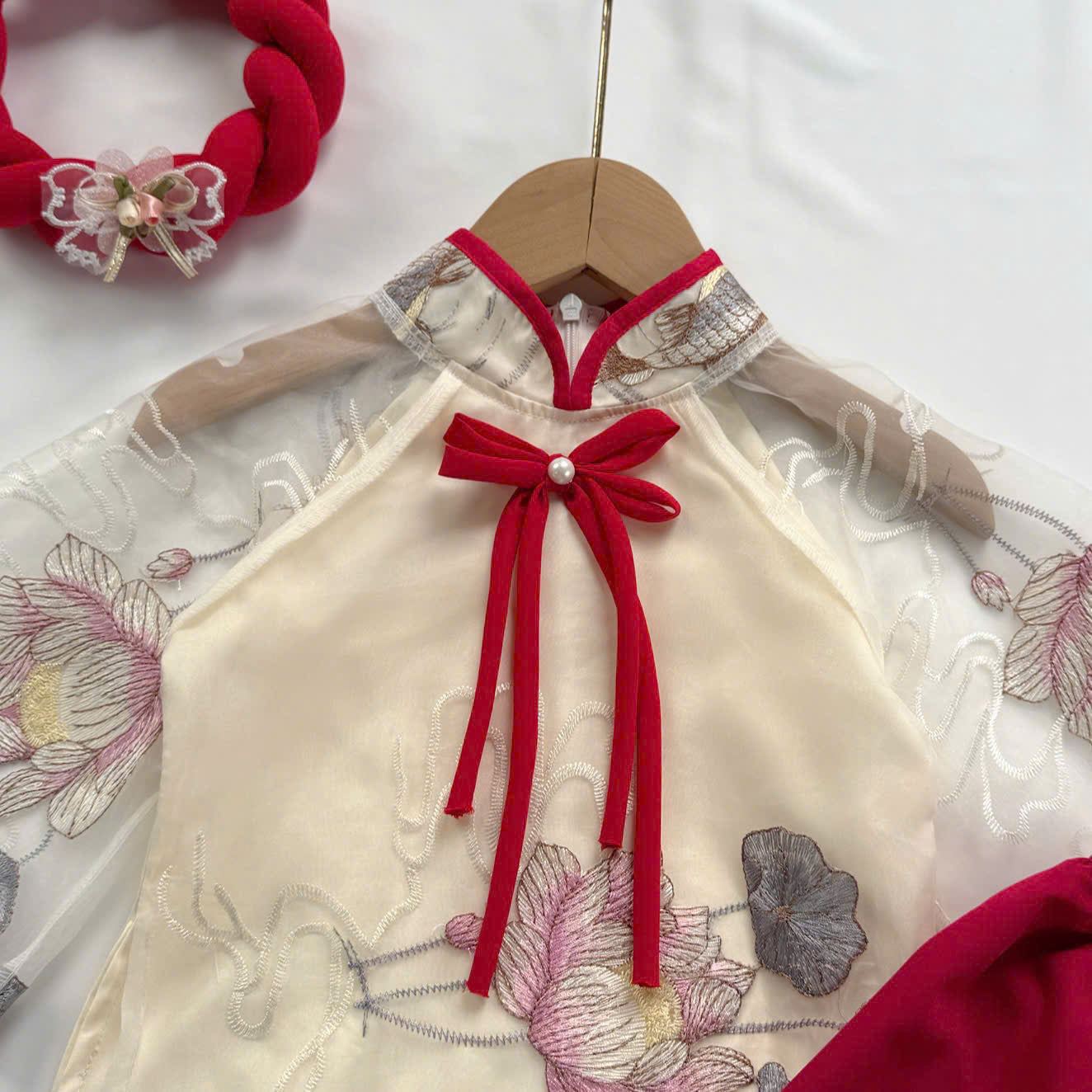 Koi Fish & Lotus Vietnamese Áo Dài with Soft Khăn Mấn (3M–5Y) | Embroidered Organza Traditional Outfit | Lunar New Year & Cultural Celebrations