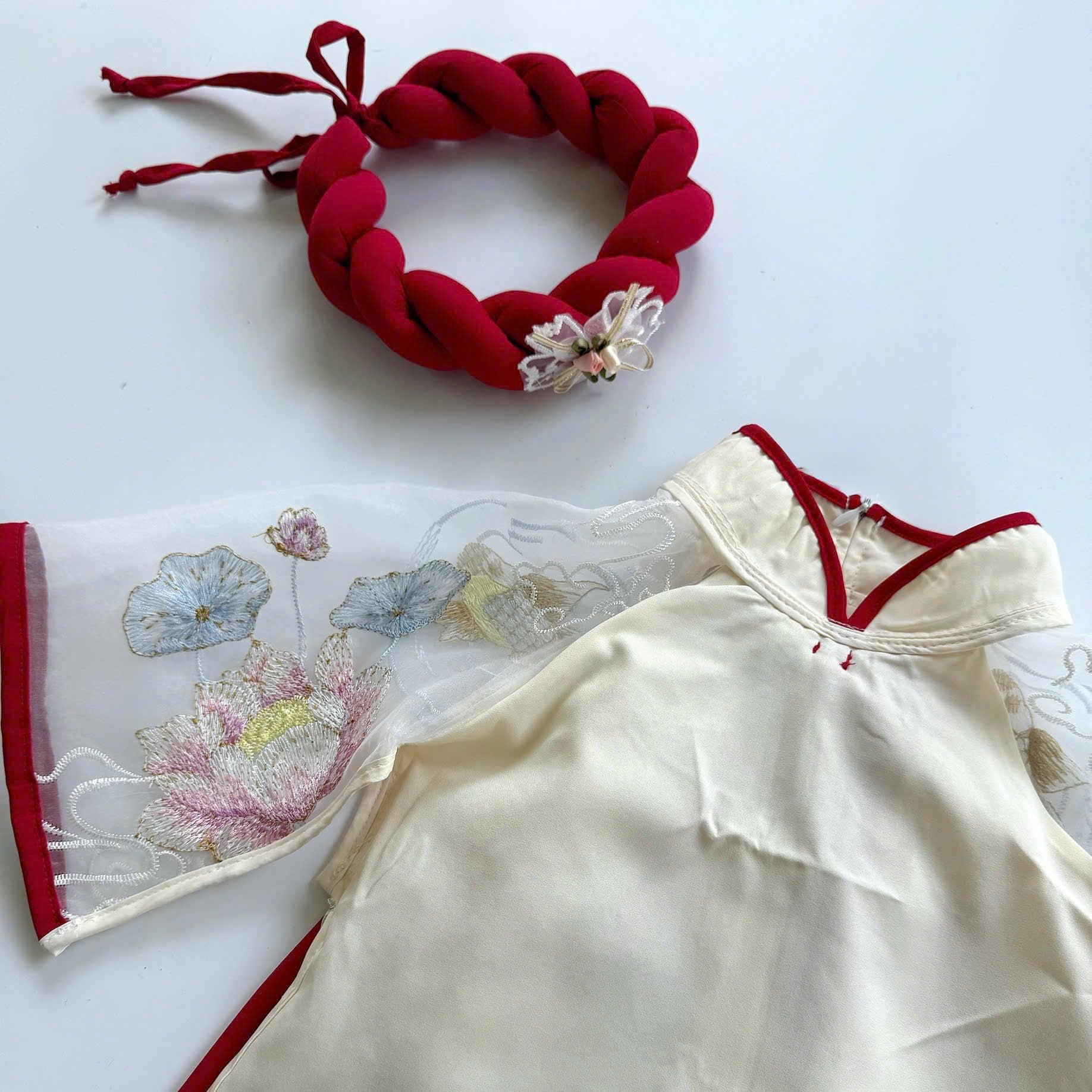 Koi Fish & Lotus Vietnamese Áo Dài with Soft Khăn Mấn (3M–5Y) | Embroidered Organza Traditional Outfit | Lunar New Year & Cultural Celebrations