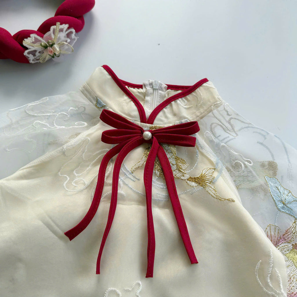 Koi Fish & Lotus Vietnamese Áo Dài with Soft Khăn Mấn (3M–5Y) | Embroidered Organza Traditional Outfit | Lunar New Year & Cultural Celebrations