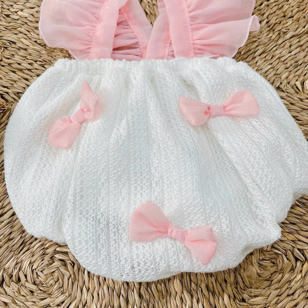 Pink Bow Peony Romper NB–12M | Baby Romper with Matching Hat | Birthday, Photoshoot & Special Occasion Outfit