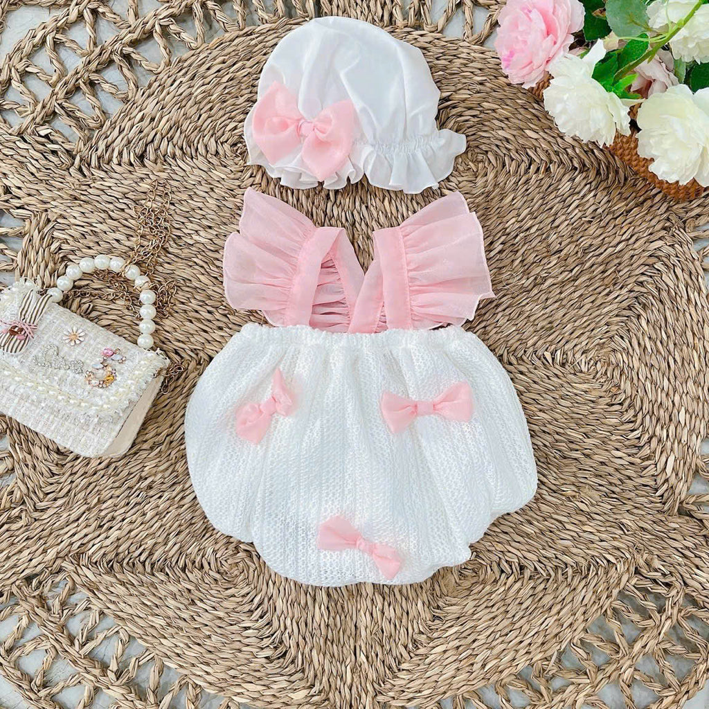 Pink Bow Peony Romper NB–12M | Baby Romper with Matching Hat | Birthday, Photoshoot & Special Occasion Outfit