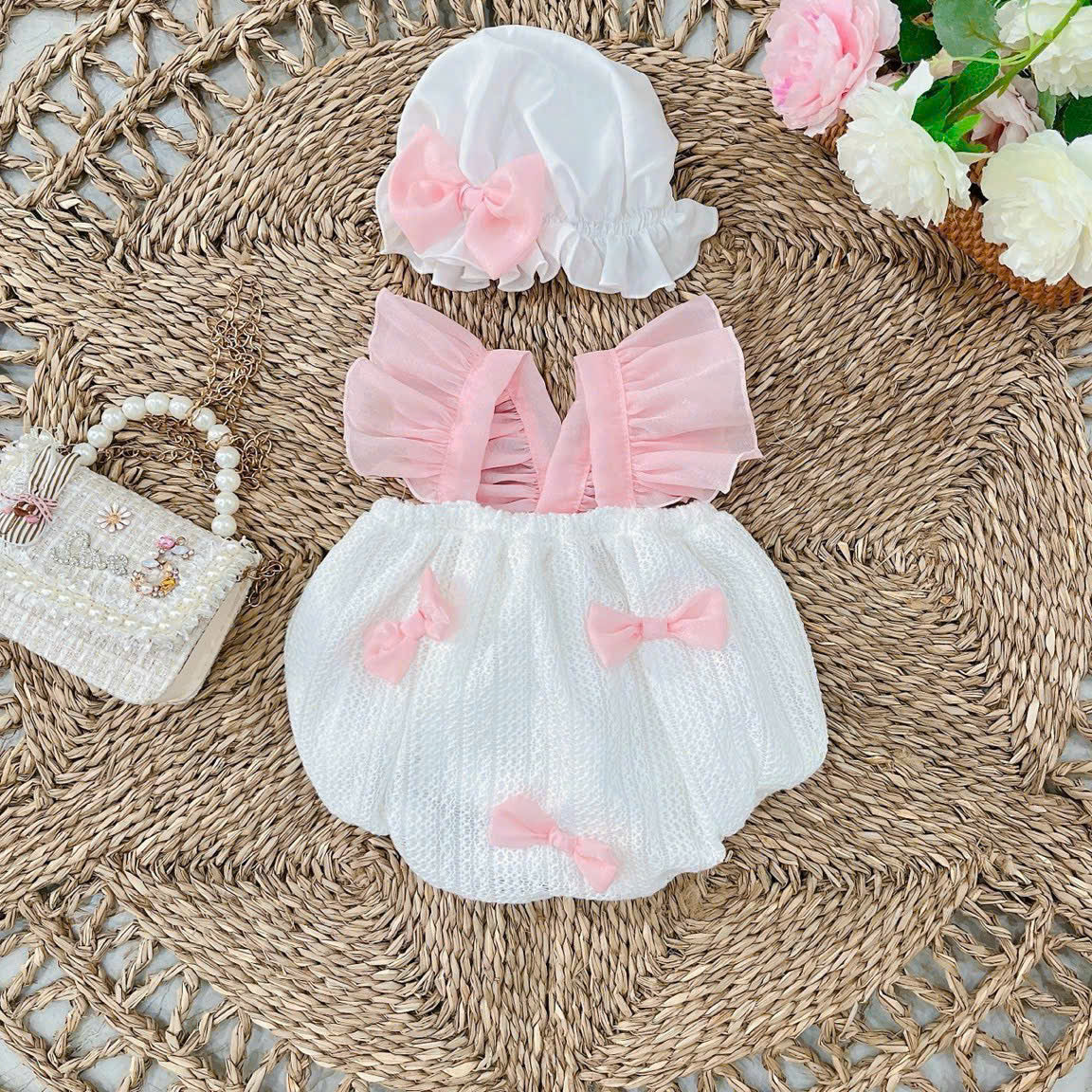 Pink Bow Peony Romper NB–12M | Baby Romper with Matching Hat | Birthday, Photoshoot & Special Occasion Outfit
