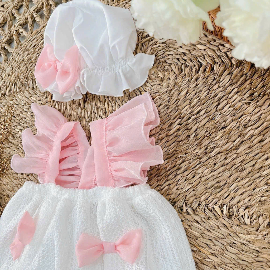 Pink Bow Peony Romper NB–12M | Baby Romper with Matching Hat | Birthday, Photoshoot & Special Occasion Outfit