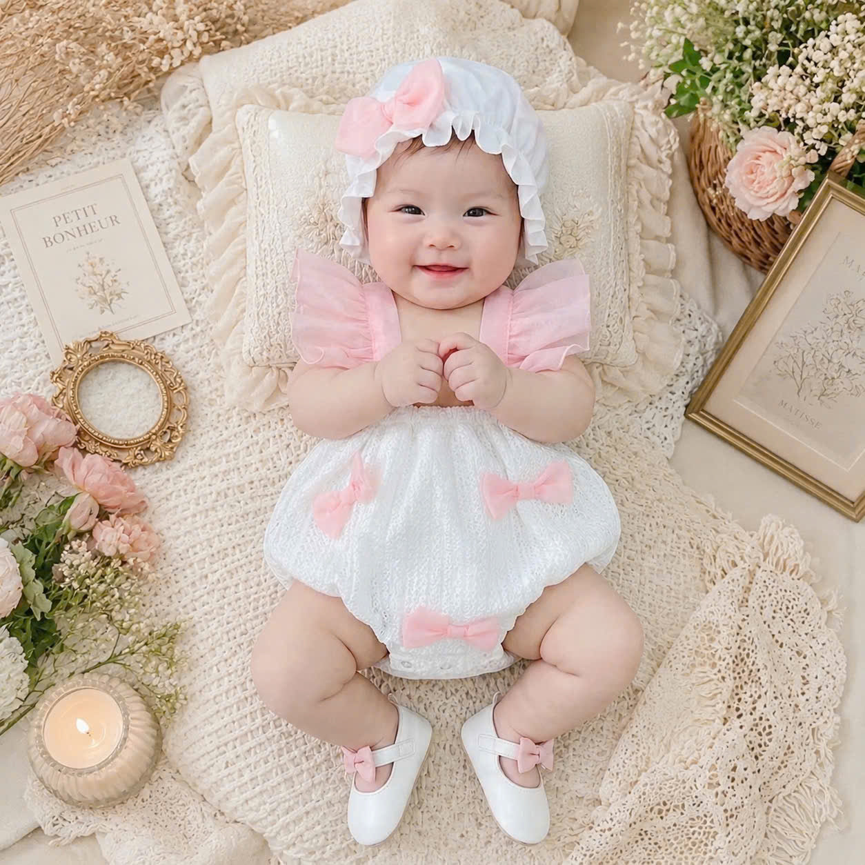 Pink Bow Peony Romper NB–12M | Baby Romper with Matching Hat | Birthday, Photoshoot & Special Occasion Outfit