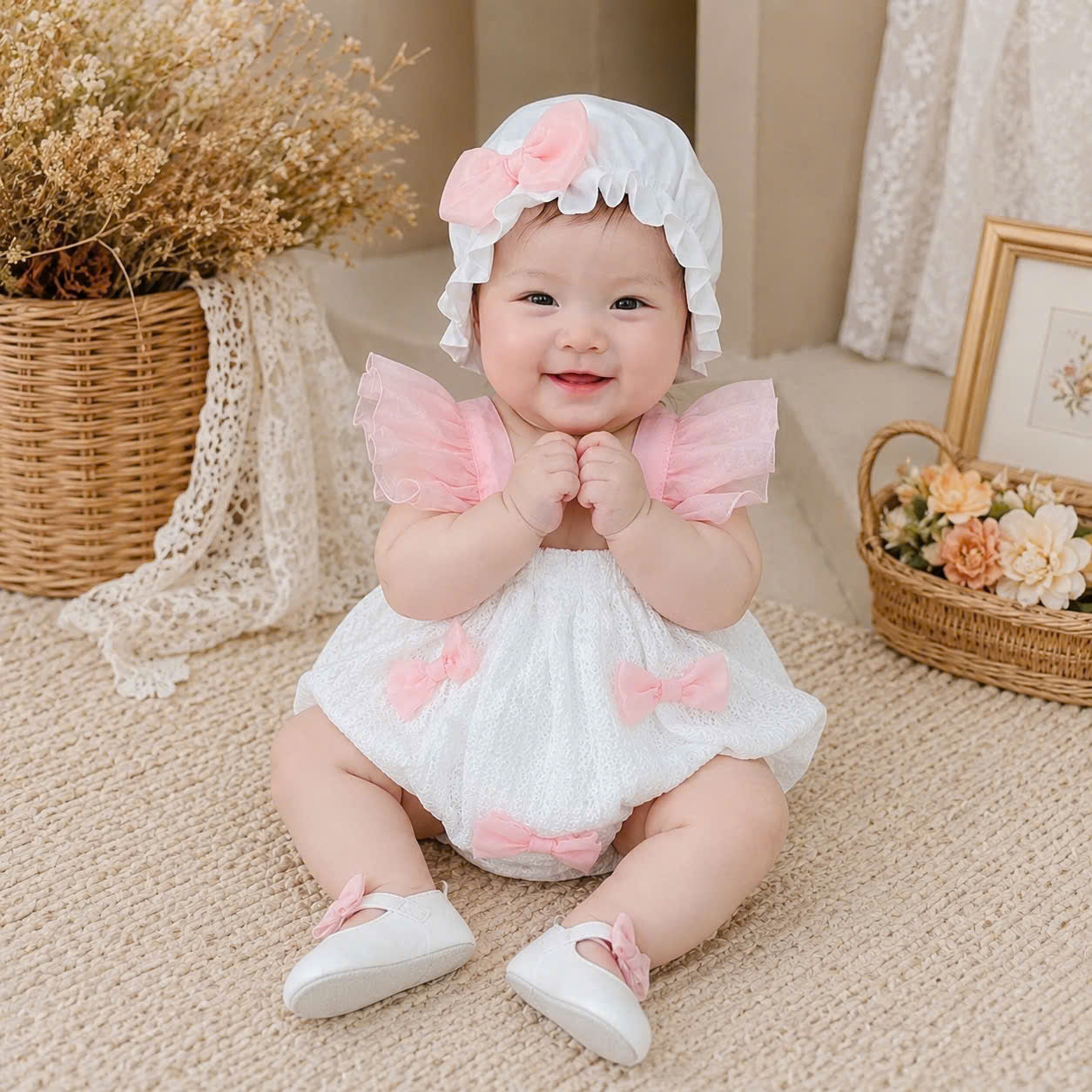 Pink Bow Peony Romper NB–12M | Baby Romper with Matching Hat | Birthday, Photoshoot & Special Occasion Outfit
