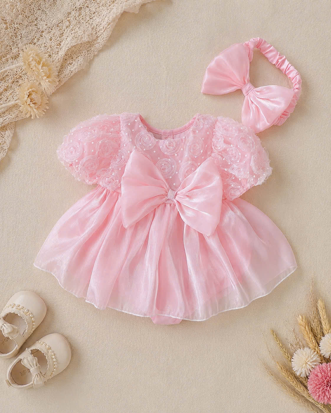 Pink Rosebud Romper Dress Newborn–12Months