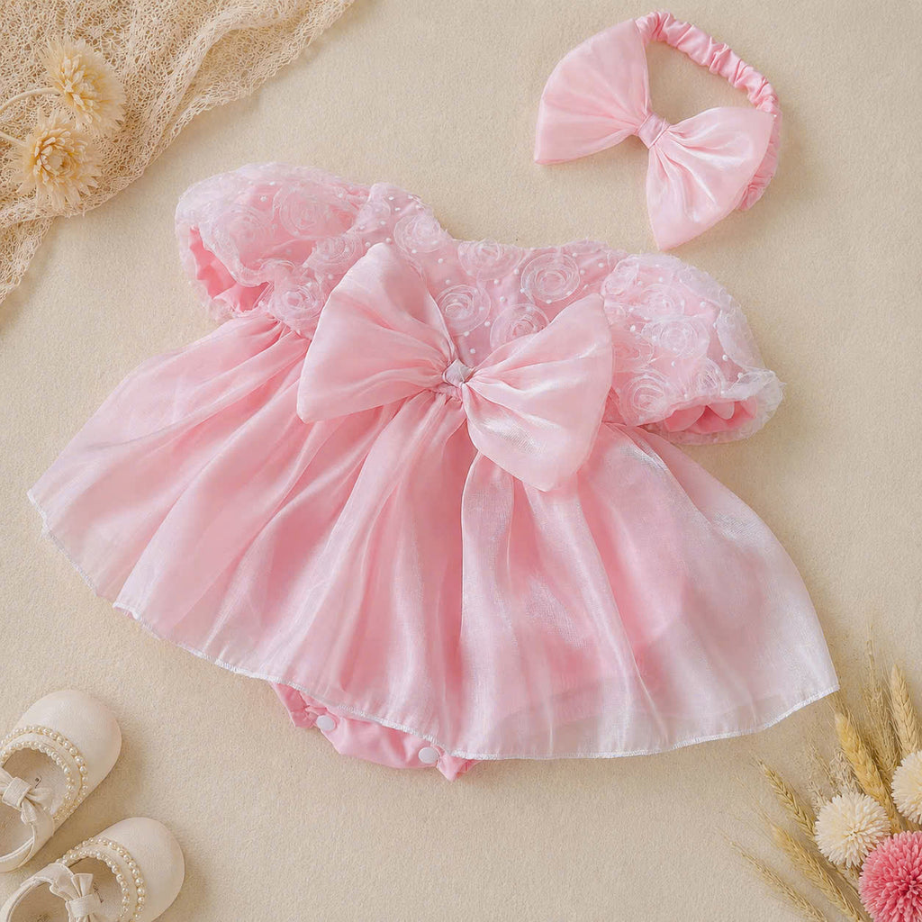 Pink Rosebud Romper Dress NB–12M | Floral Baby Romper Dress | Birthday & Photoshoot Outfit