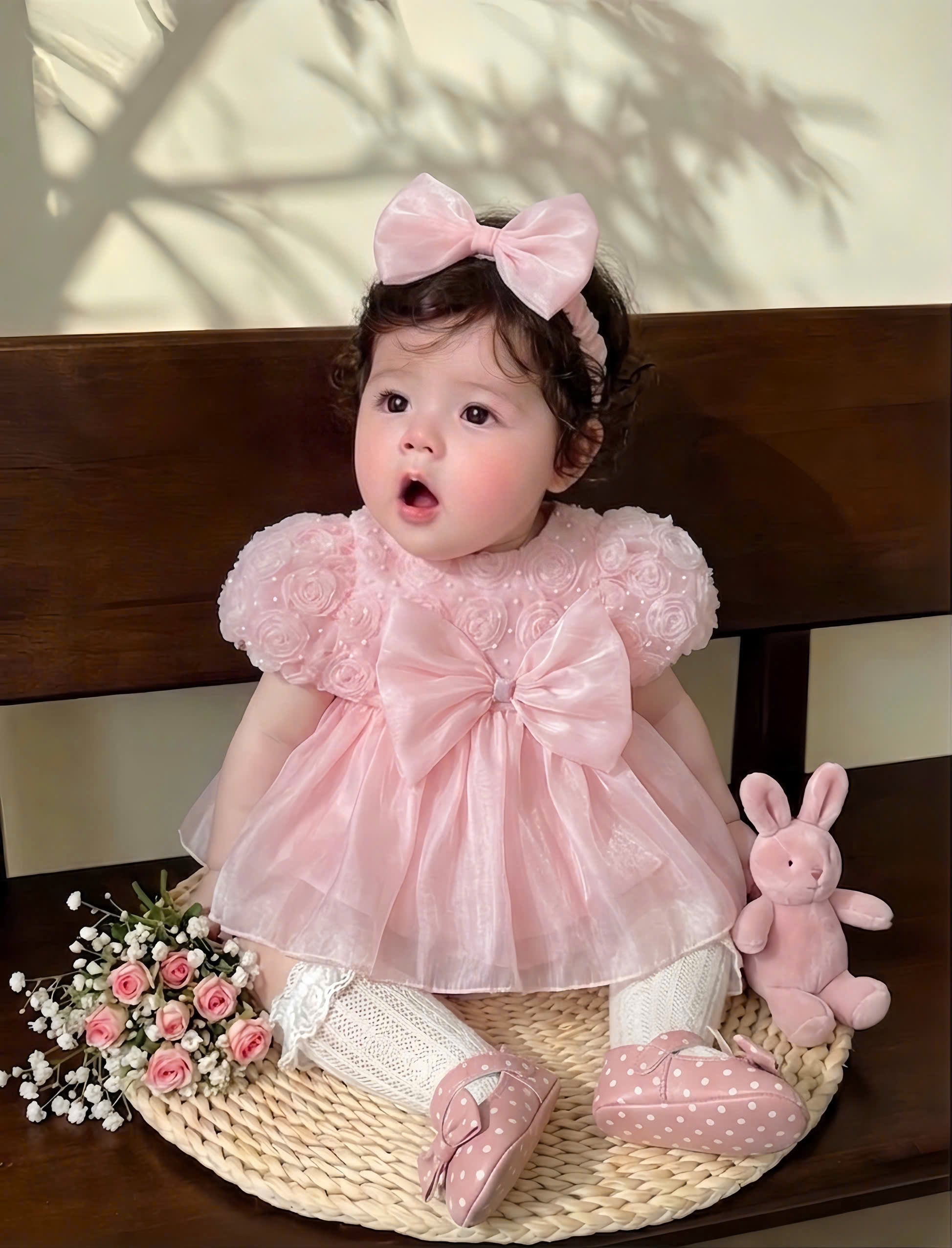 Pink Rosebud Romper Dress NB–12M | Floral Baby Romper Dress | Birthday & Photoshoot Outfit