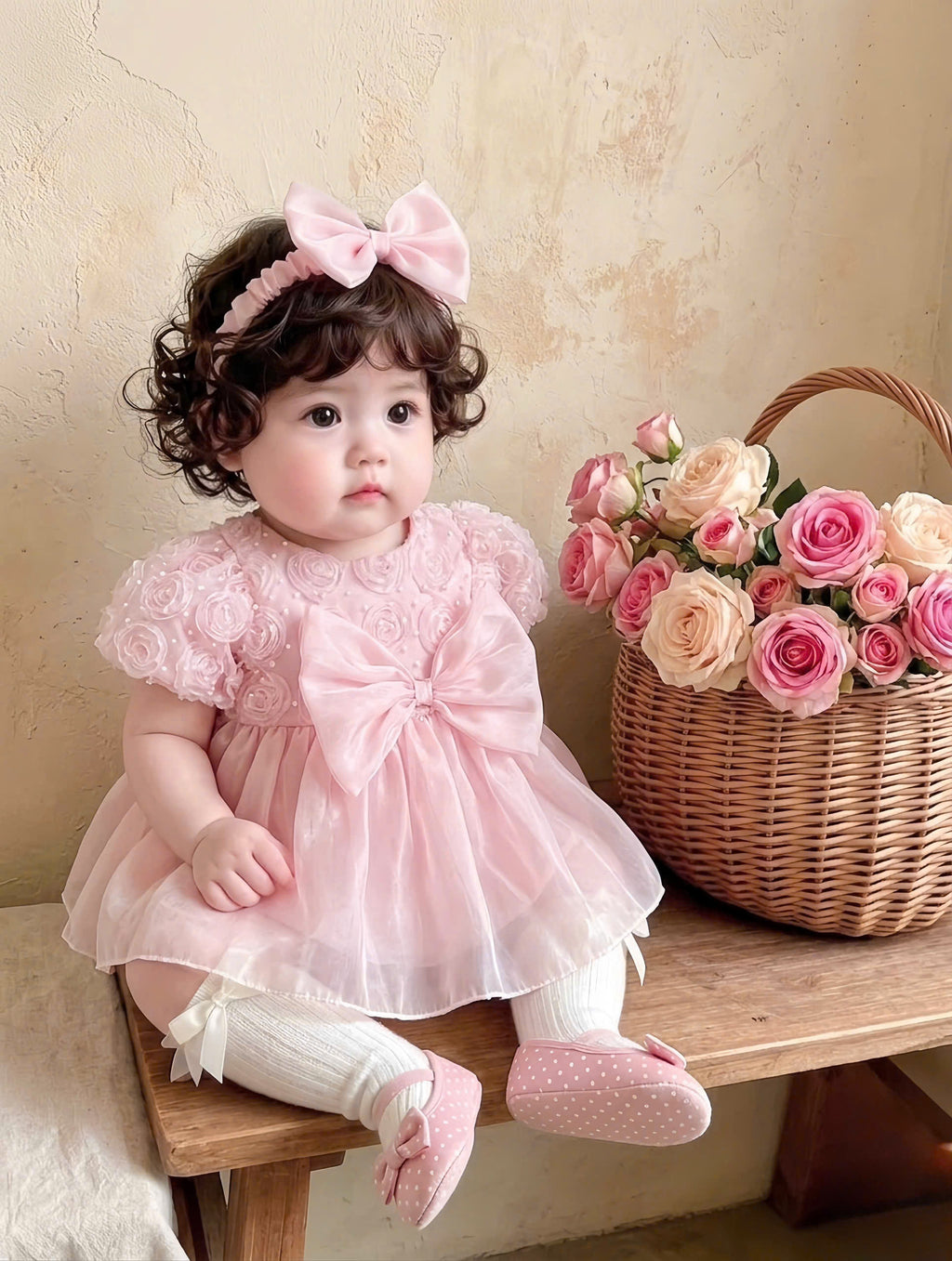 Pink Rosebud Romper Dress NB–12M | Floral Baby Romper Dress | Birthday & Photoshoot Outfit