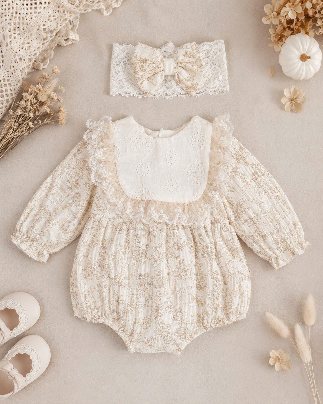 Vintage Lace Whisper Long Sleeve Romper NB–12M | Cotton Muslin Baby Romper | Photoshoot & Special Occasion Outfit