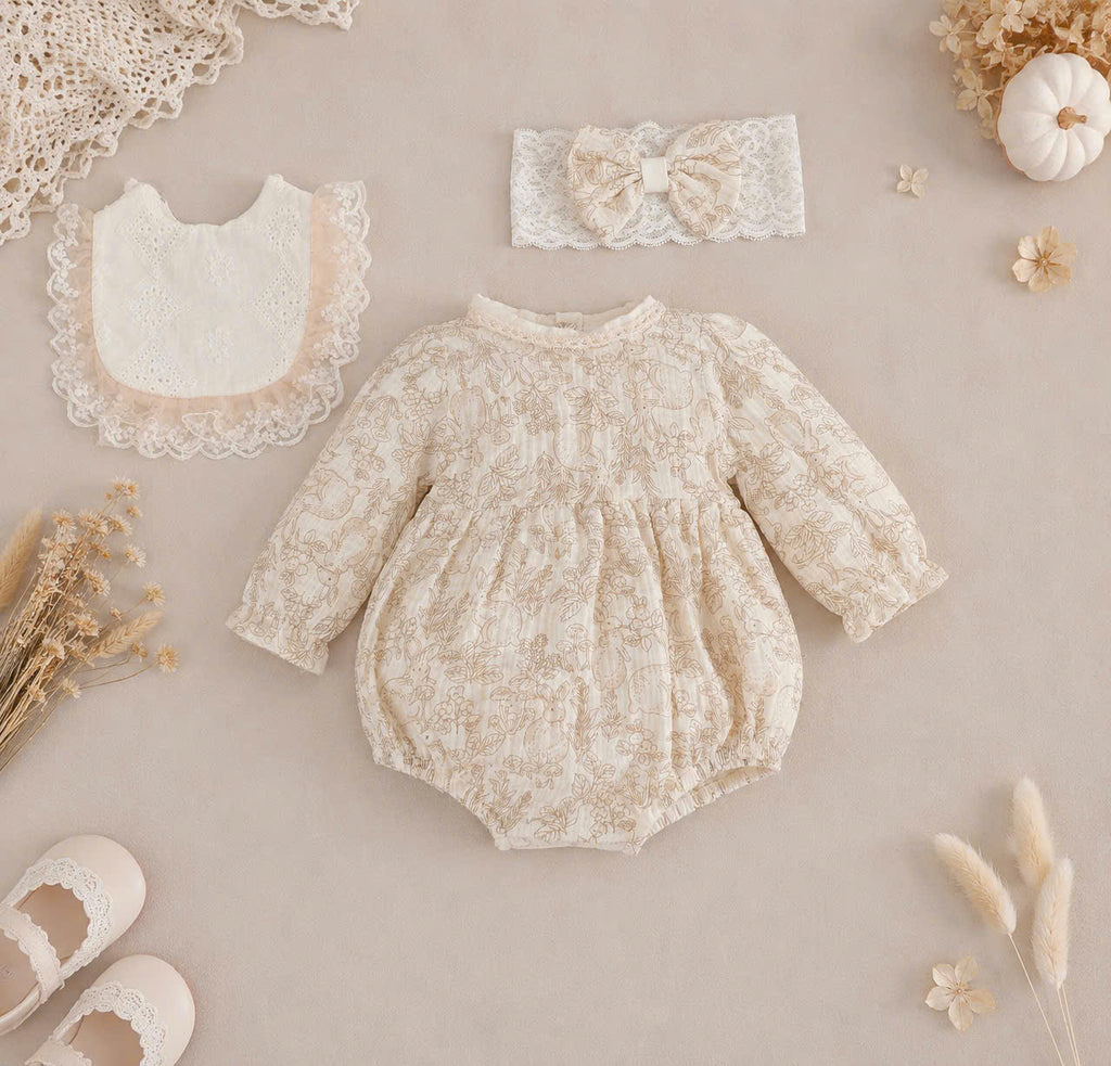 Vintage Lace Whisper Long Sleeve Romper NB–12M | Cotton Muslin Baby Romper | Photoshoot & Special Occasion Outfit