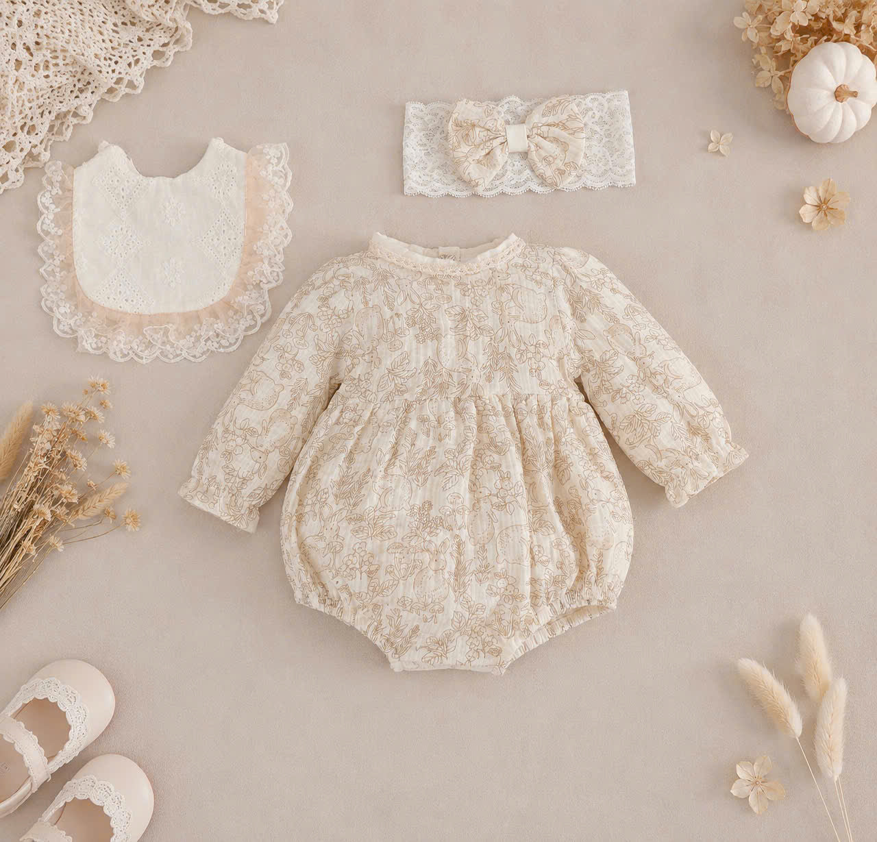 Vintage Lace Whisper Long Sleeve Romper NB–12M | Cotton Muslin Baby Romper | Photoshoot & Special Occasion Outfit