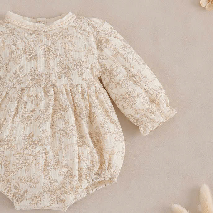 Vintage Lace Whisper Long Sleeve Romper NB–12M | Cotton Muslin Baby Romper | Photoshoot & Special Occasion Outfit