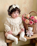Vintage Lace Whisper Long Sleeve Romper Newborn–12Months | Cotton Muslin Baby Romper | Photoshoot & Special Occasion Outfit