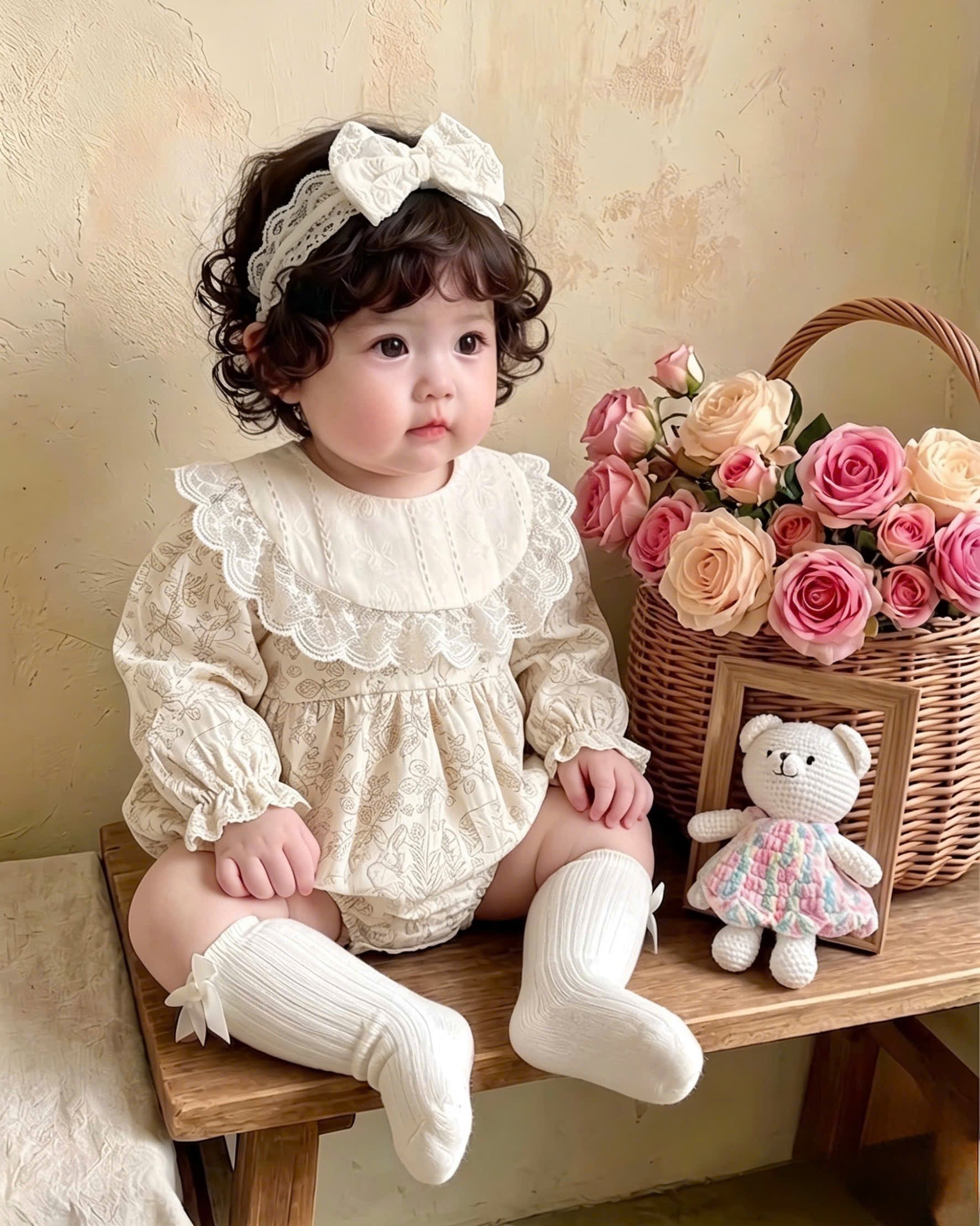 Vintage Lace Whisper Long Sleeve Romper NB–12M | Cotton Muslin Baby Romper | Photoshoot & Special Occasion Outfit