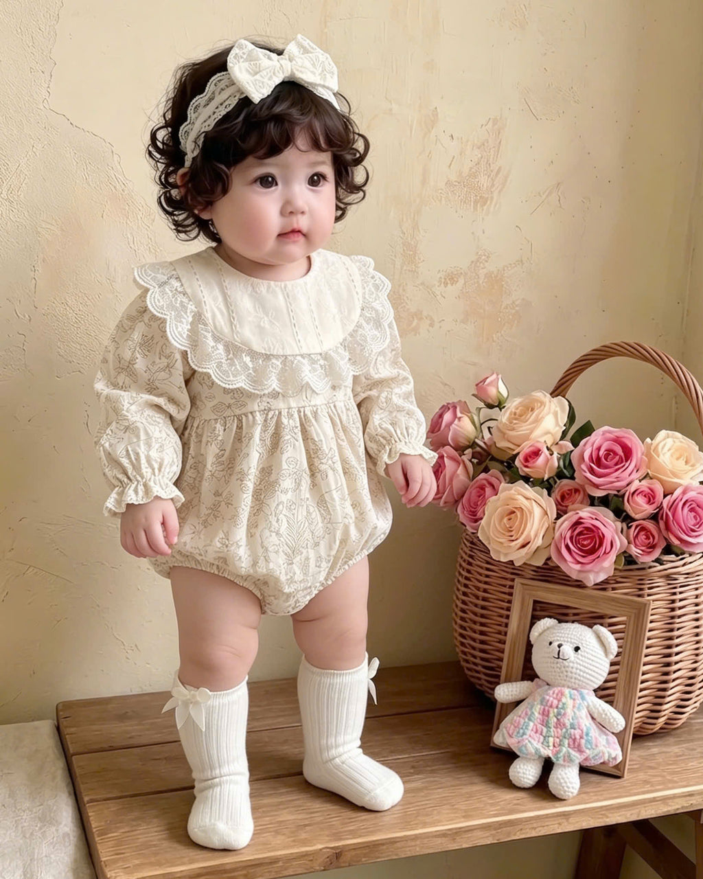 Vintage Lace Whisper Long Sleeve Romper NB–12M | Cotton Muslin Baby Romper | Photoshoot & Special Occasion Outfit