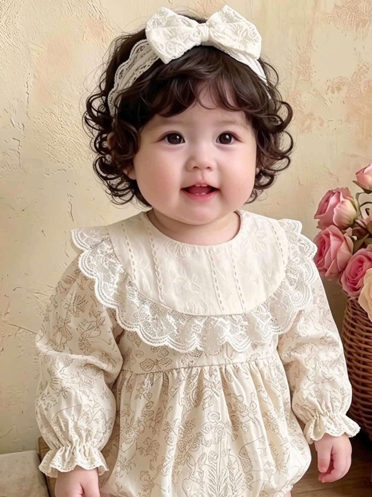 Vintage Lace Whisper Long Sleeve Romper NB–12M | Cotton Muslin Baby Romper | Photoshoot & Special Occasion Outfit